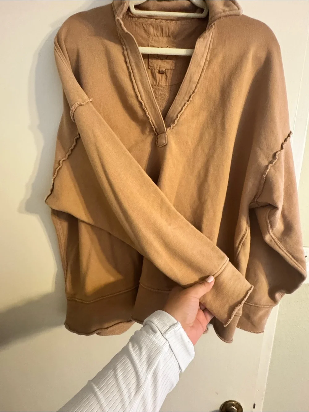 Aerie Cozy Oversized Distressed V-Neck Sweatshirt in Camel - Picture 3 of 5